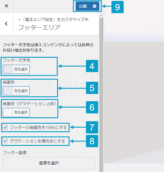 フッターの文字色と背景色を変更する手順4から9。詳細は吹き出しボックスに記載