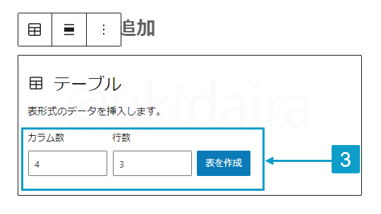 表の挿入手順2。詳細はボックスに記載
